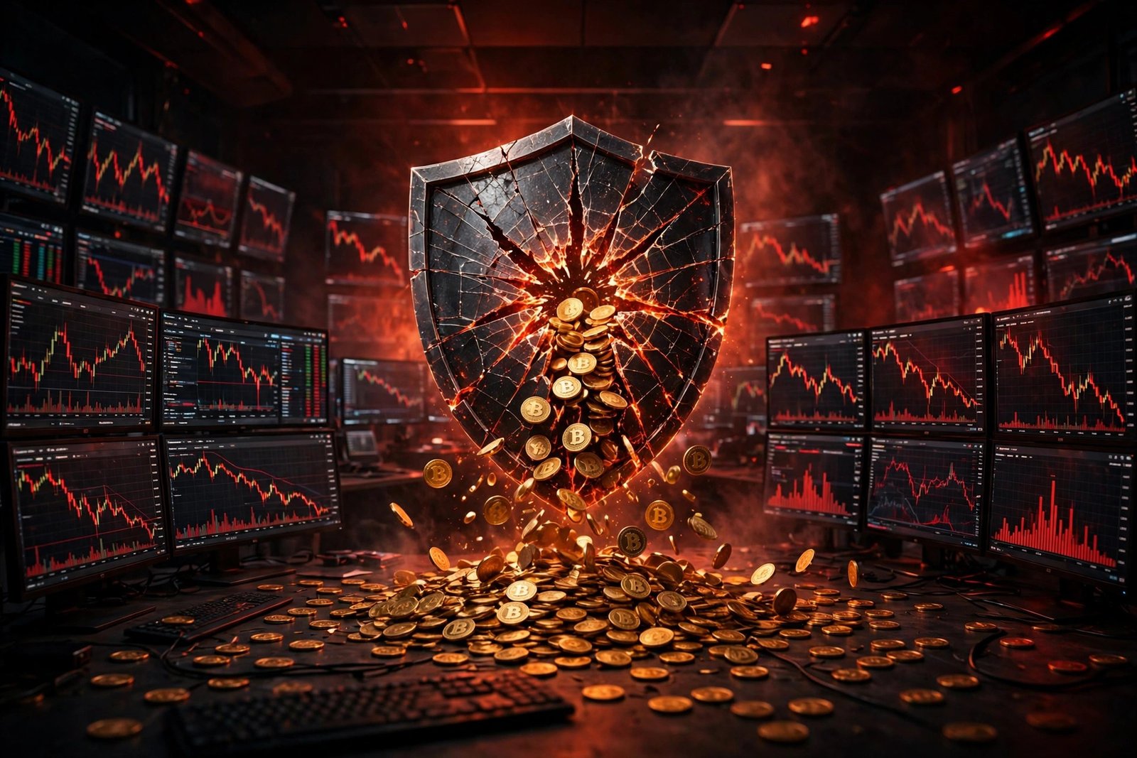 Illustration of a crypto exchange dashboard with red falling charts and a cracked security shield after the Binance hack