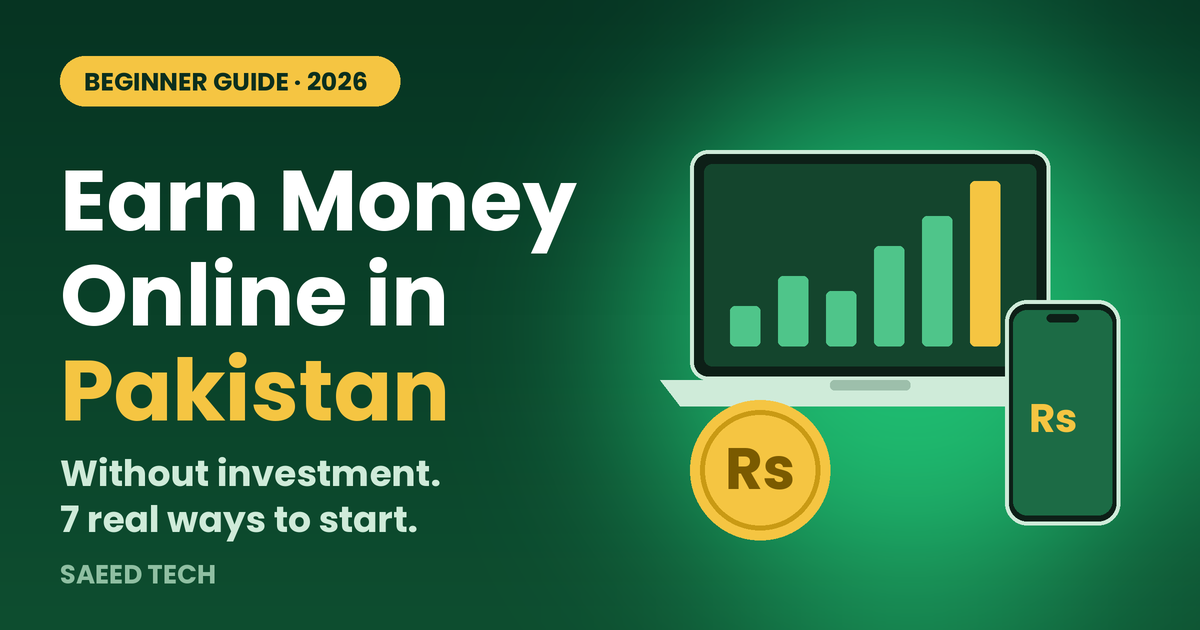 Illustration of a laptop with a rising bar chart, a phone, and a rupee coin beside the text Earn Money Online in Pakistan