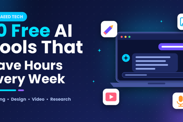 Laptop surrounded by icons of free AI tools for writing, design and video