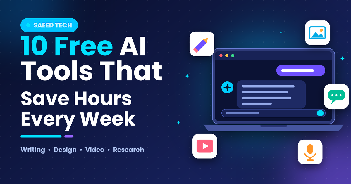 Laptop surrounded by icons of free AI tools for writing, design and video