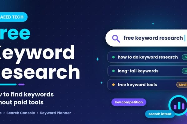 Search bar showing “free keyword research” with keyword suggestions and a magnifying glass