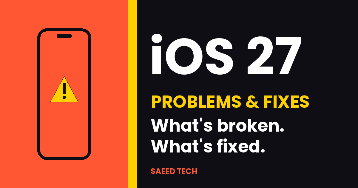 iPhone with a warning sign next to the text “iOS 27 Problems & Fixes”