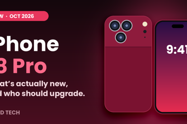 Illustration of a burgundy smartphone with a triple camera next to the text "iPhone 18 Pro: what's actually new, and who should upgrade