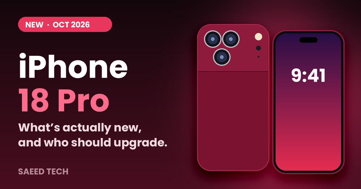 Illustration of a burgundy smartphone with a triple camera next to the text "iPhone 18 Pro: what's actually new, and who should upgrade