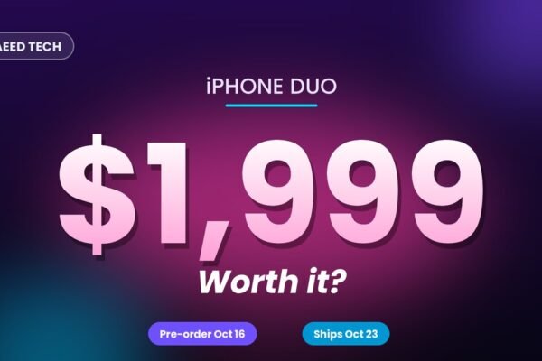 Illustration of a foldable iPhone Duo open and closed with a $1,999 price badge and October 23 release date