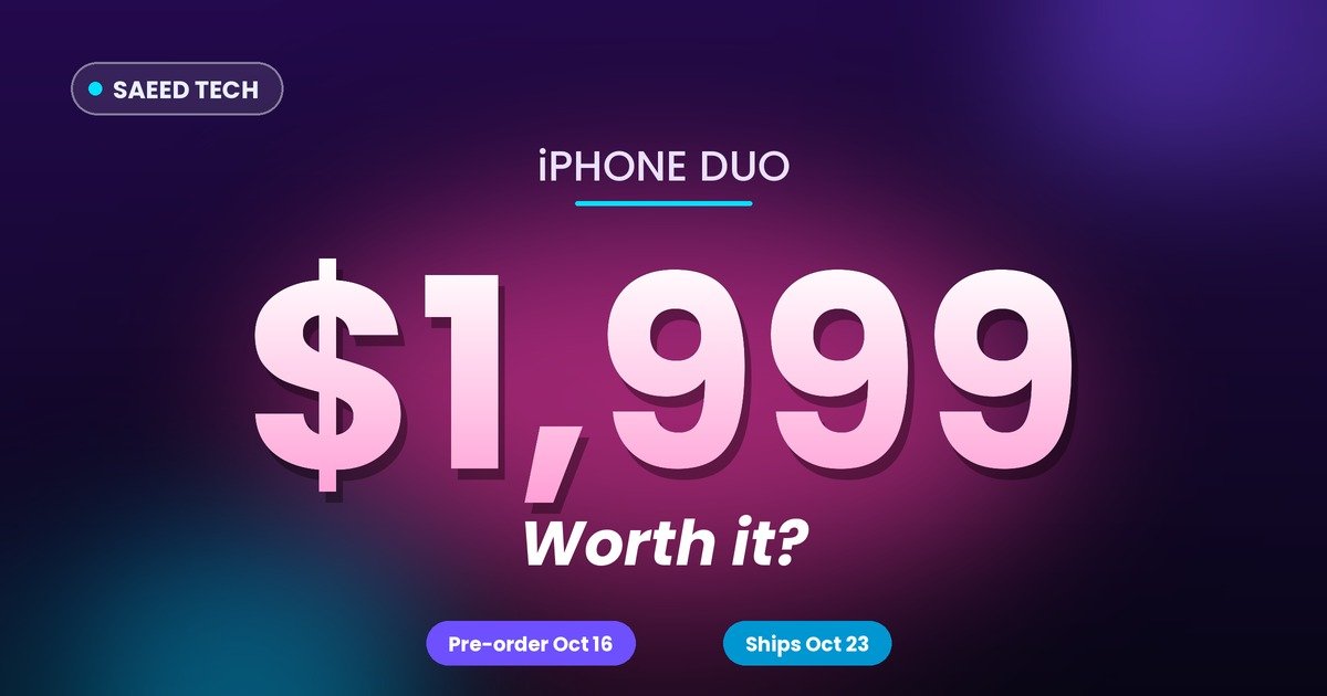 Illustration of a foldable iPhone Duo open and closed with a $1,999 price badge and October 23 release date