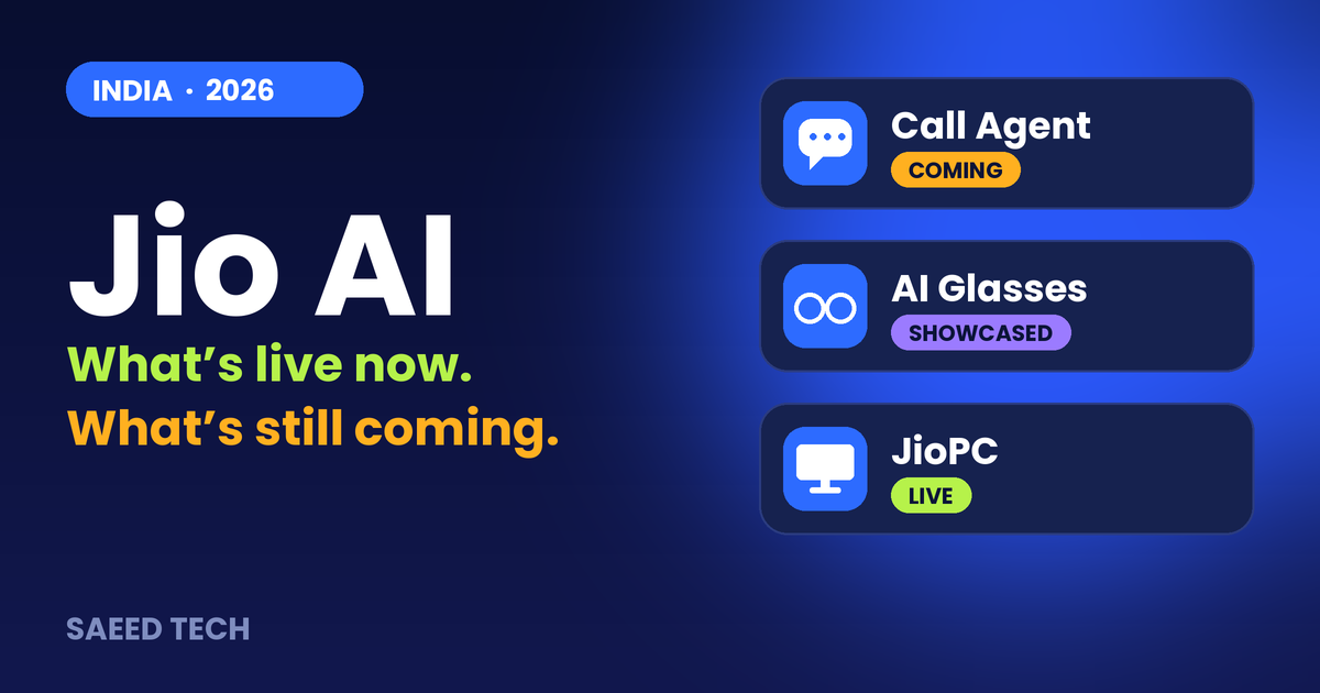 Graphic titled Jio AI showing three products: Call Agent coming soon, AI Glasses showcased, and JioPC live