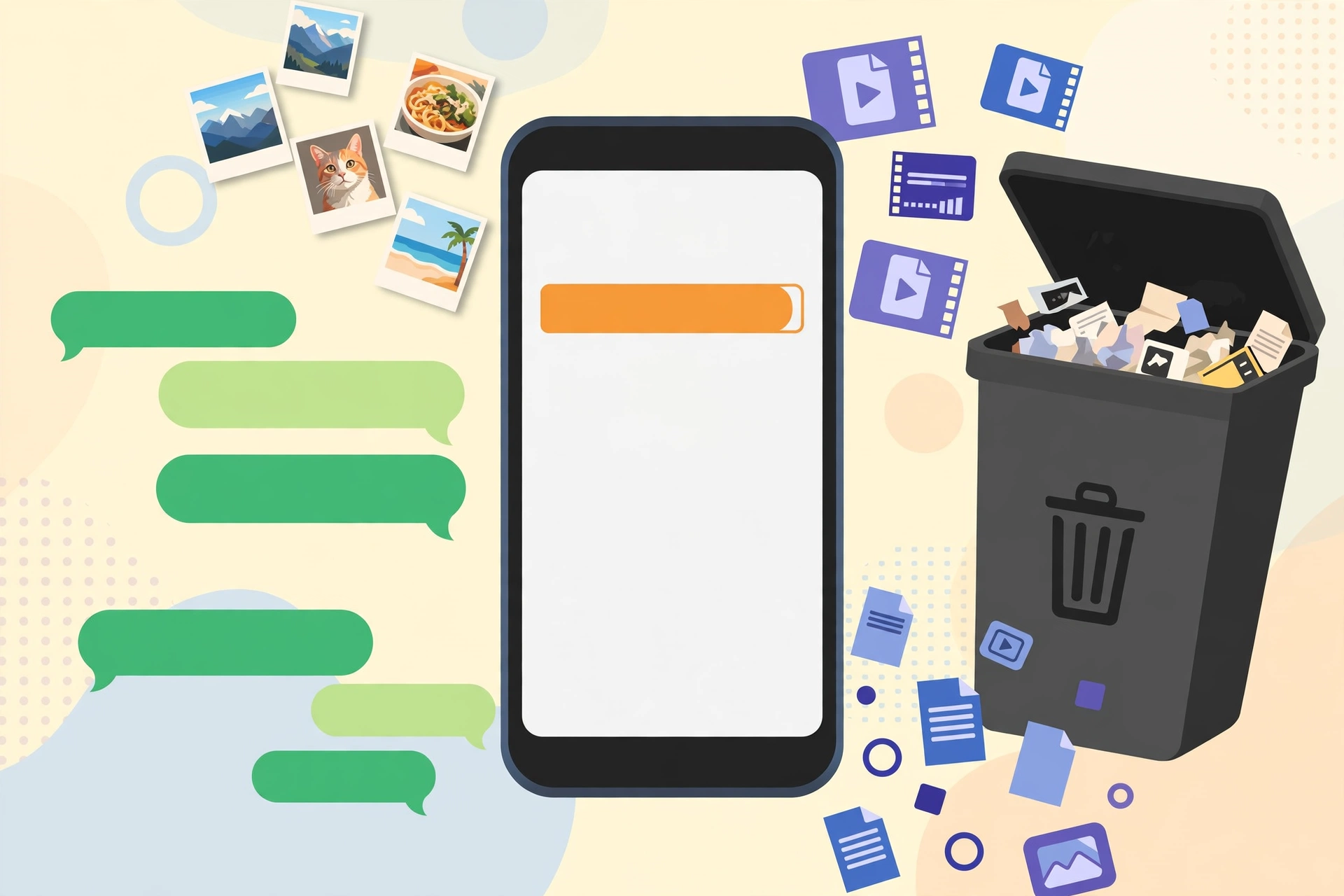 Android phone showing a nearly full storage bar surrounded by photos, videos and WhatsApp files that can be cleaned without deleting pictures