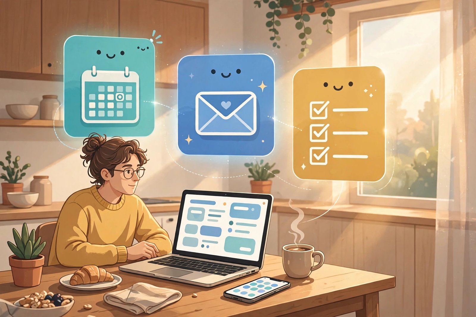 Illustration of three proactive AI assistants helping with calendar, email, and tasks on a morning laptop.