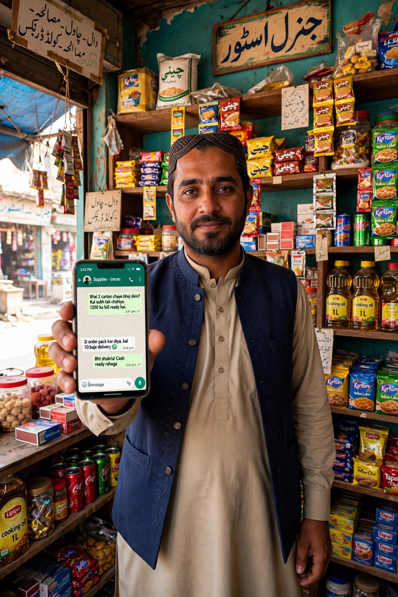 Small shop owner in Pakistan holding a phone showing WhatsApp Business chats in his shop